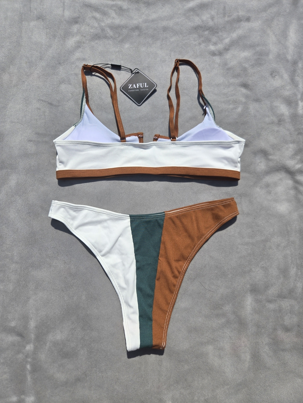 Zaful Colorblock V-Notch Triangle Bikini - White, Green & Brown - NEW - Picture 2 of 10